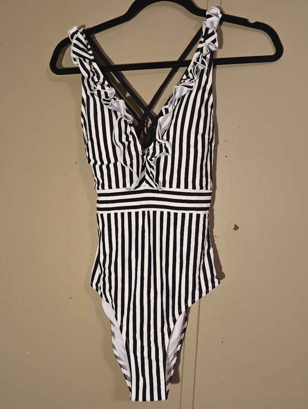 Cupshe Black & White Vertical Stripe Ruffle One-Piece